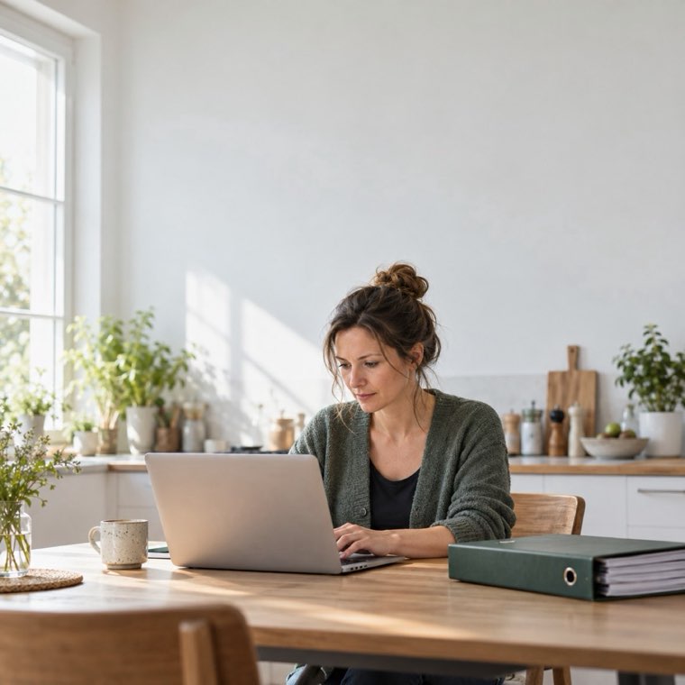 Steuerfachangestellte arbeitet am Küchentisch im Homeoffice