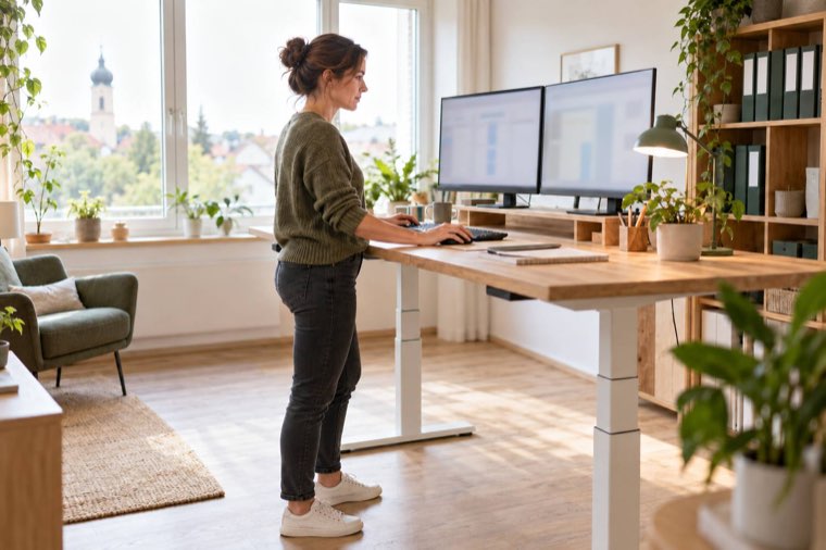 Moderner Arbeitsplatz mit höhenverstellbarem Schreibtisch und zwei Monitoren